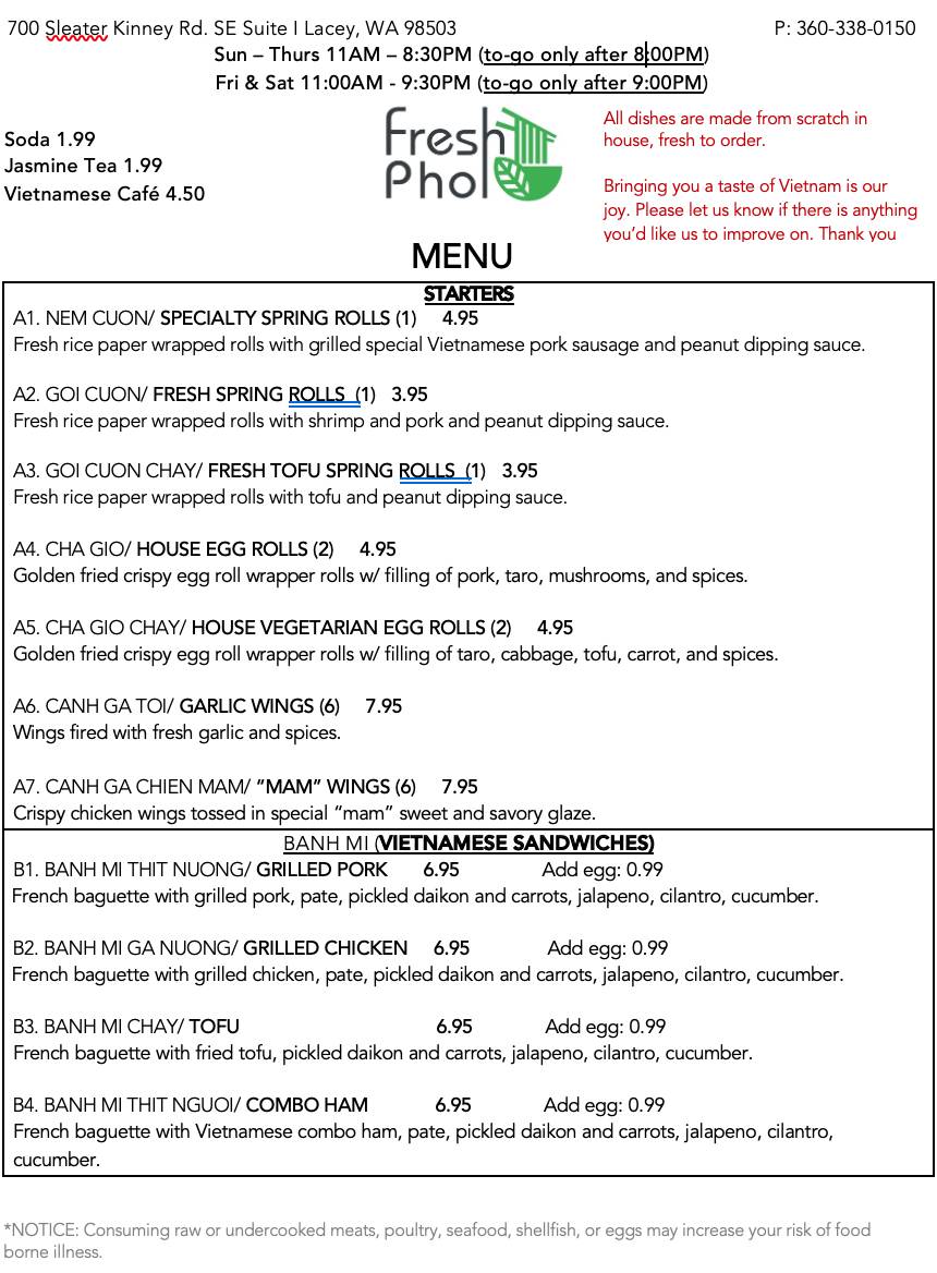 Menu at Fresh Pho restaurant, Lacey