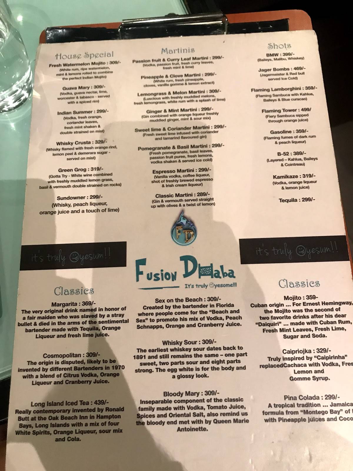 Fusion Dhaba menu