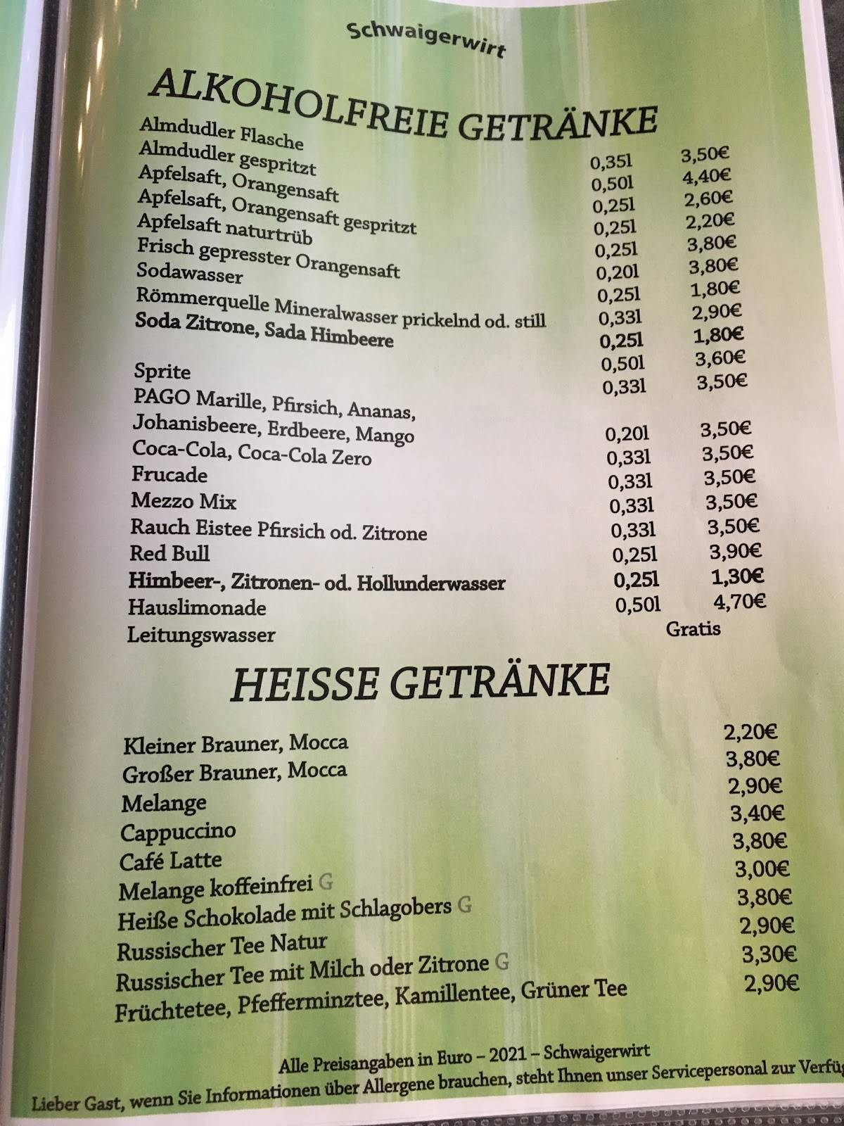 Speisekarte von Gasthaus Schwaigerwirt restaurant, Wien