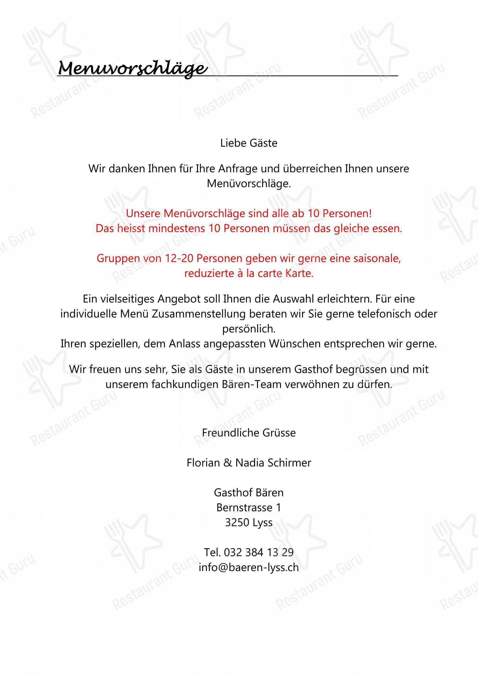 Menu per Gasthof Bären Rapperswil ristorante