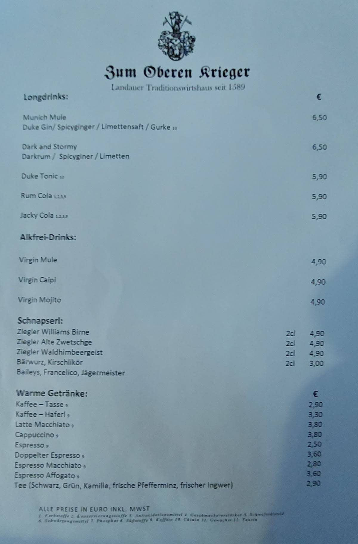 Bärlin Döner Landau Speisekarte Speisekarte von Gaststätte Zum Oberen Krieger restaurant, Landau an der