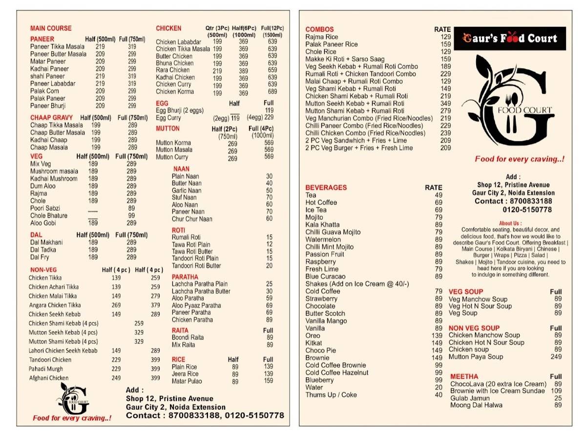 Gaur's Food Court menu