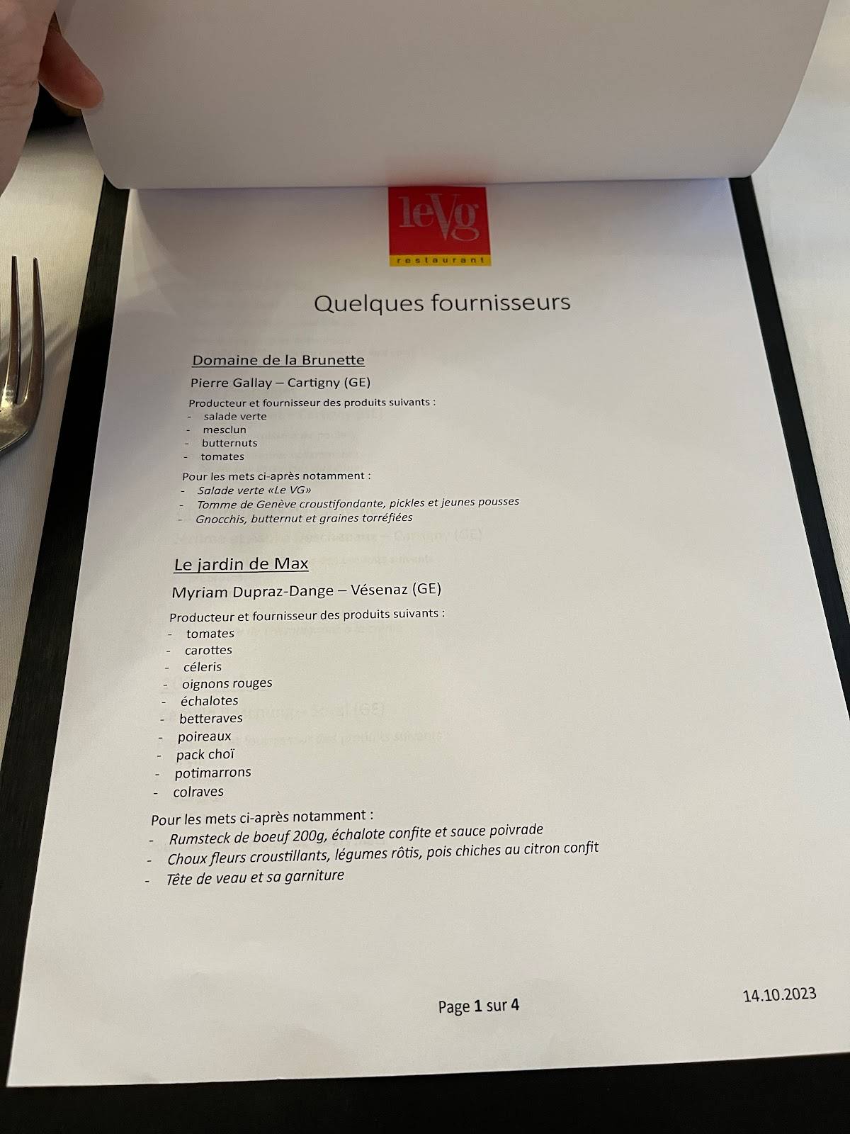 Menu de Restaurant Le VG