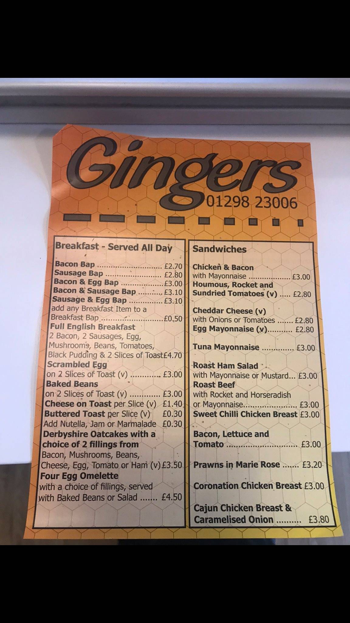 Menu at Gingers cafe, Buxton