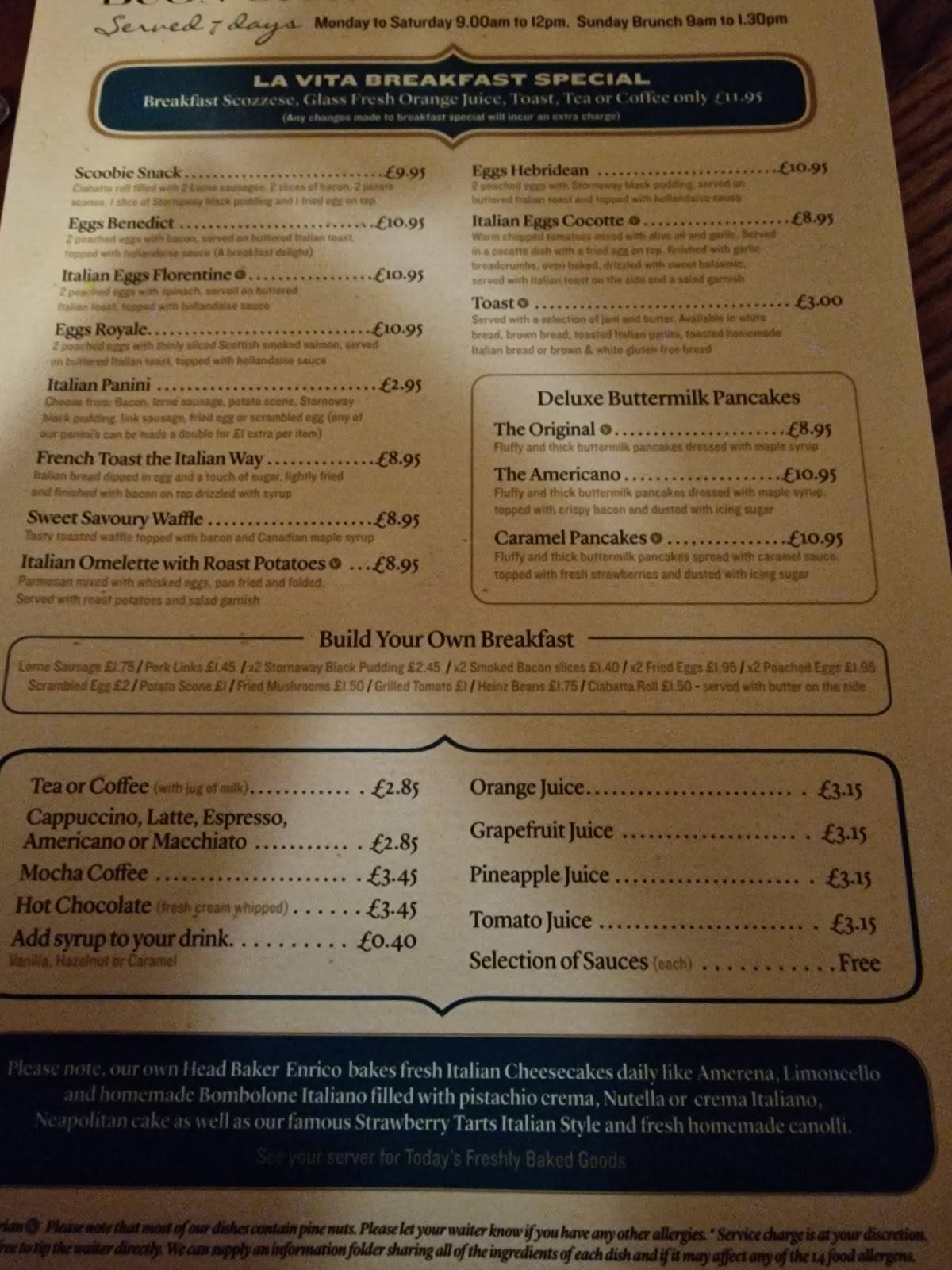 Menu at La Vita Barrachnie, Glasgow