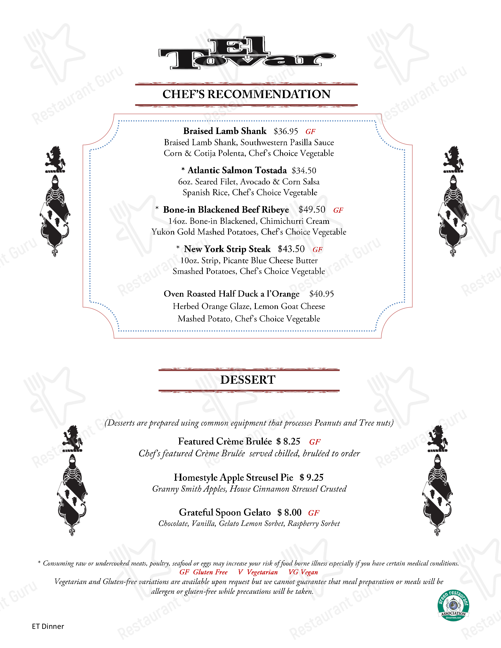 Menu at El Tovar Dining Room pub & bar, Grand Canyon Village, 1 El Tovar Rd