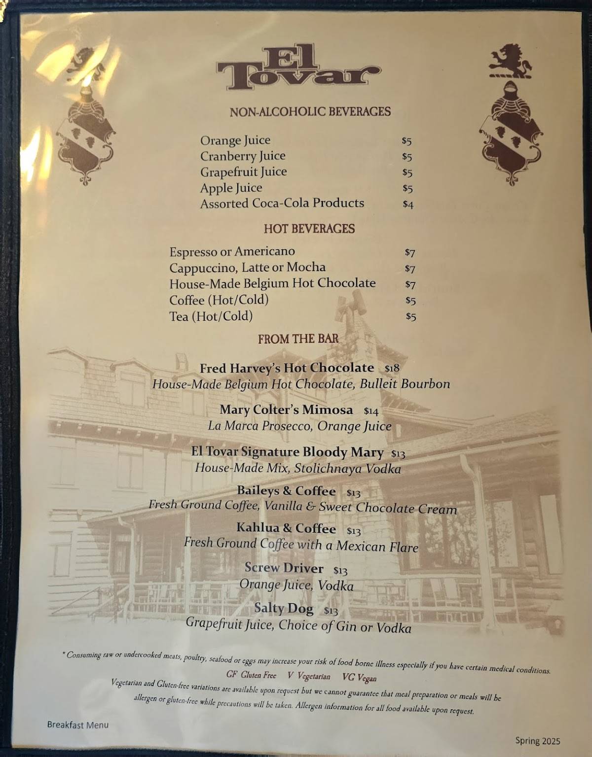 Menu at El Tovar Dining Room restaurant, Grand Canyon Village, 1 El ...