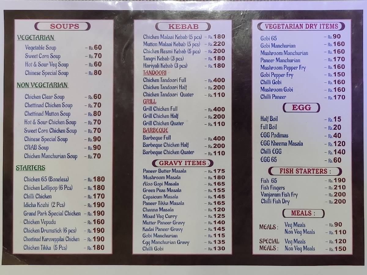 Grand Park Restaurant menu