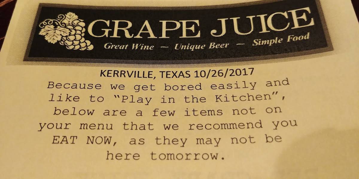 Menu at Grape Juice pub & bar, Kerrville