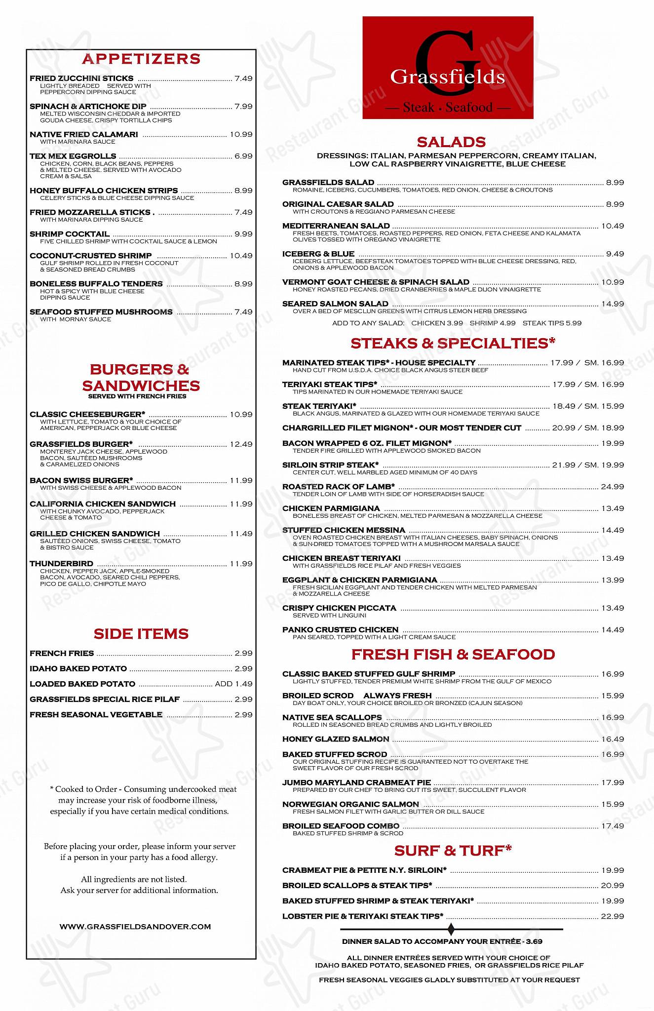 Menu at Grassfields Food & Spirits steakhouse, Andover