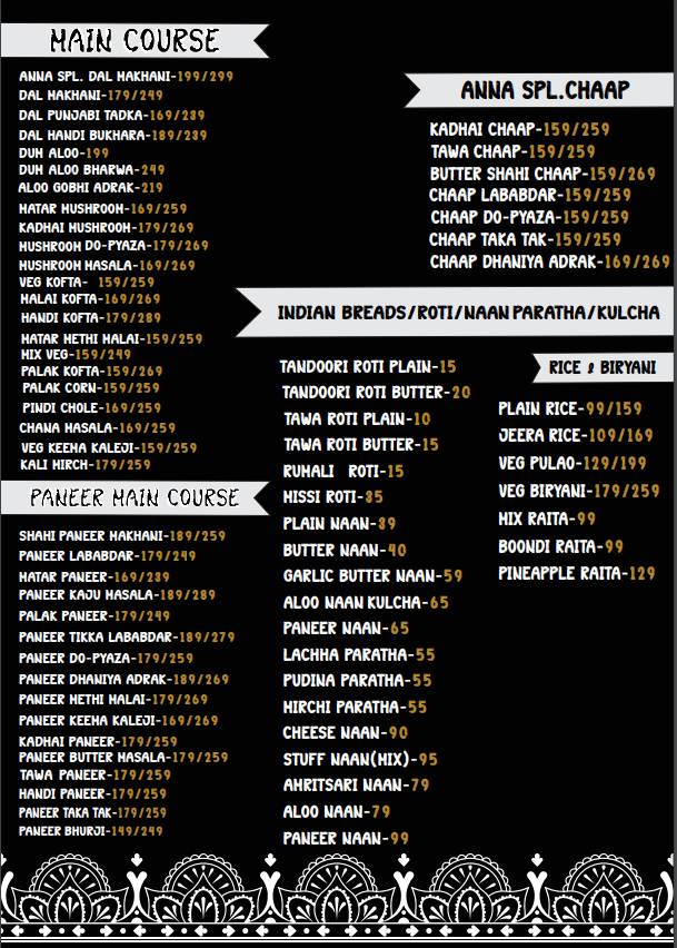 ANNA SOUTH INDIAN CHINESE FOOD CHAAT menu