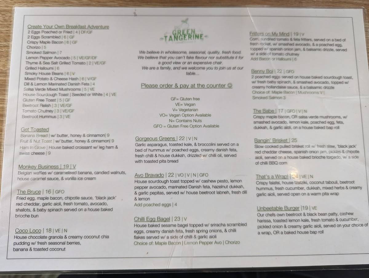 Menu at Green Tangerine Long Jetty cafe, Long Jetty