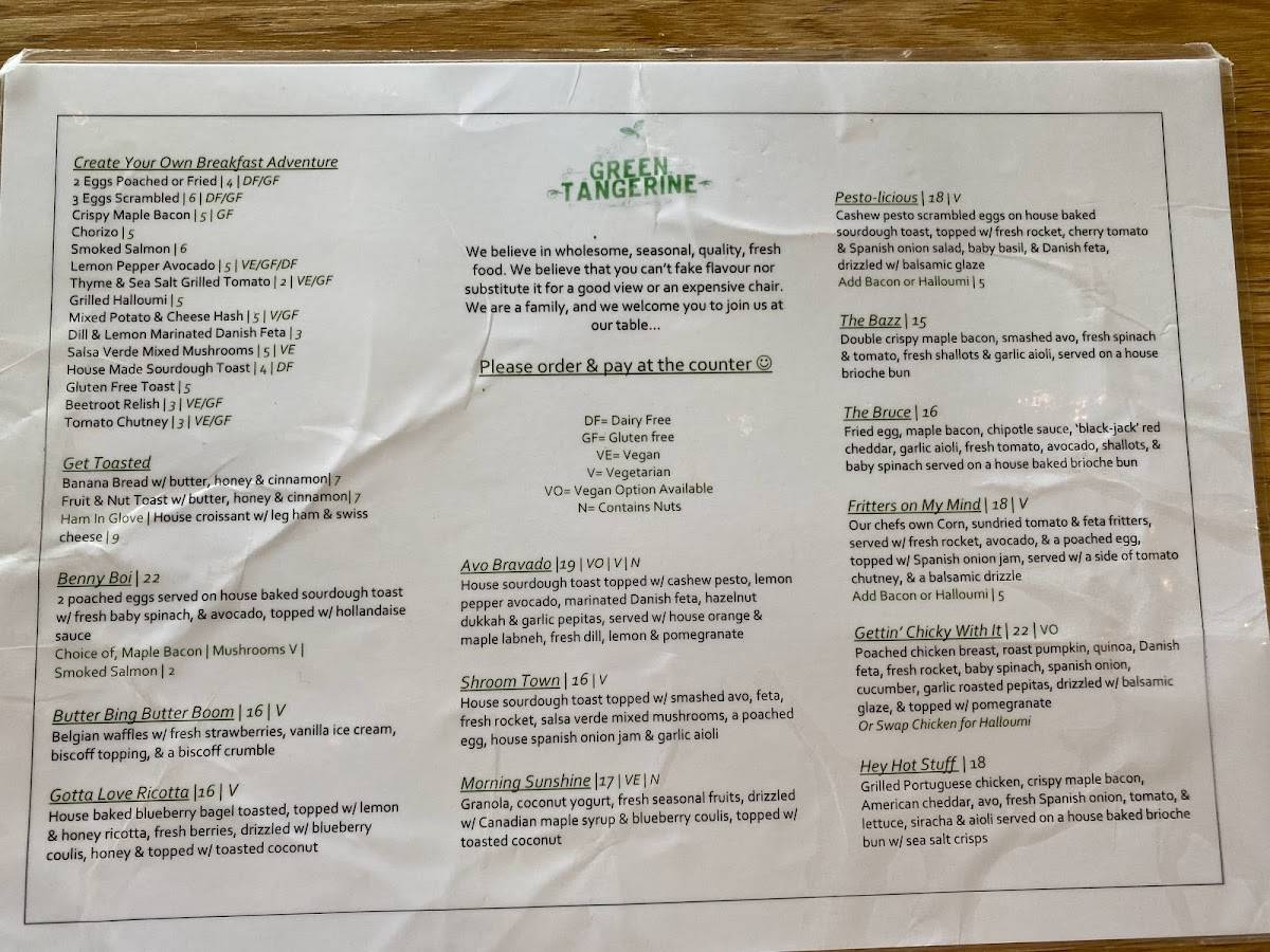 Menu at Green Tangerine Long Jetty cafe, Long Jetty