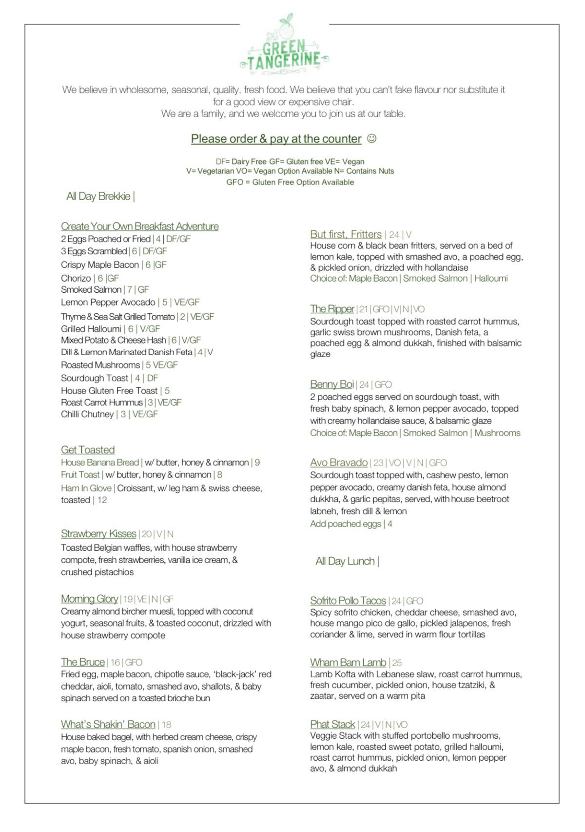 Menu at Green Tangerine Long Jetty cafe, Long Jetty
