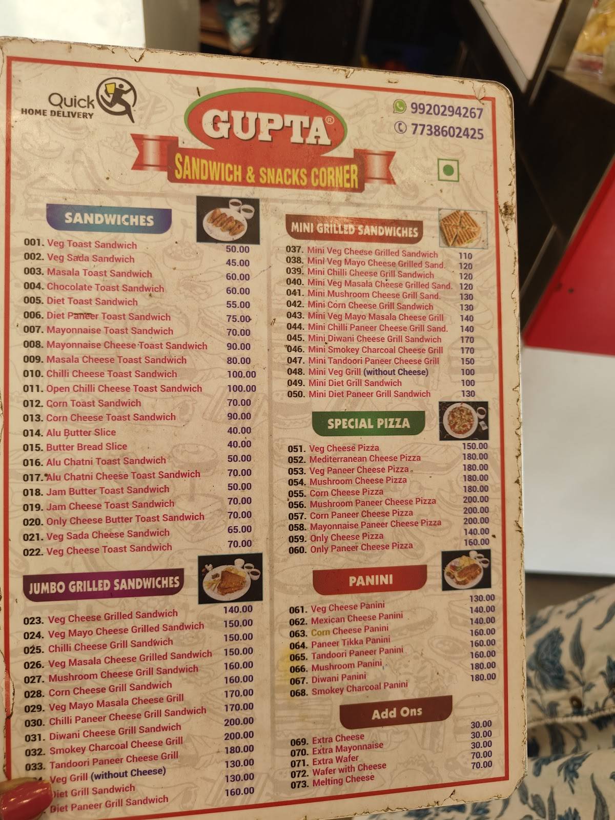 Gupta Sandwich and Snacks Corner menu