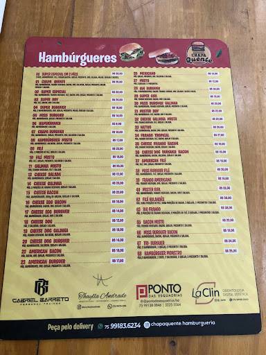 Hambúrgueria Chapa Quente cardápio