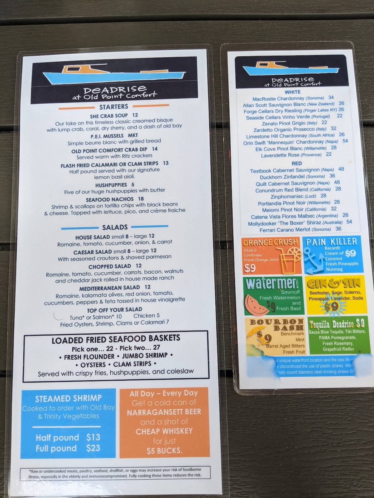 Menu at The Deadrise restaurant, Hampton, 100 McNair Dr