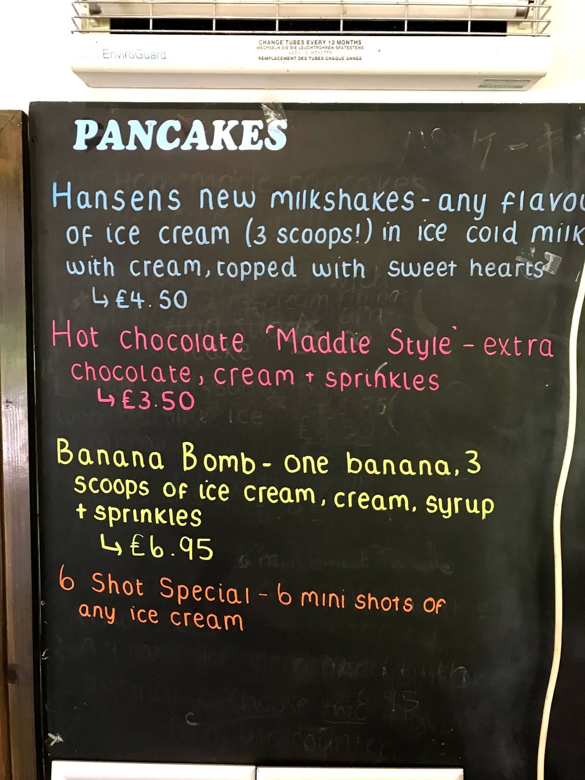 Menu at Hansen's ice cream parlour and cafe, Kendal