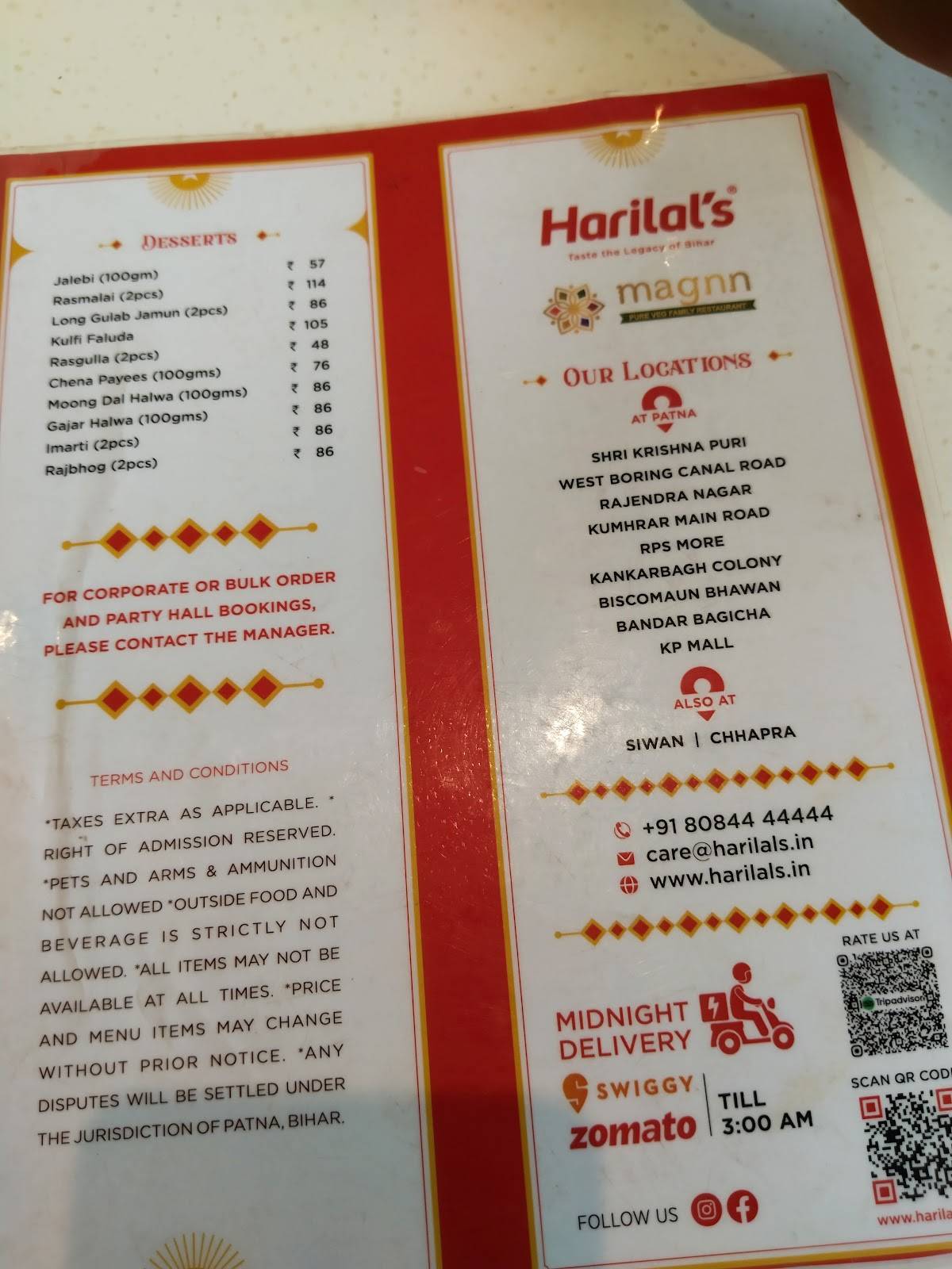 Harilal's Sweets & Restaurant menu