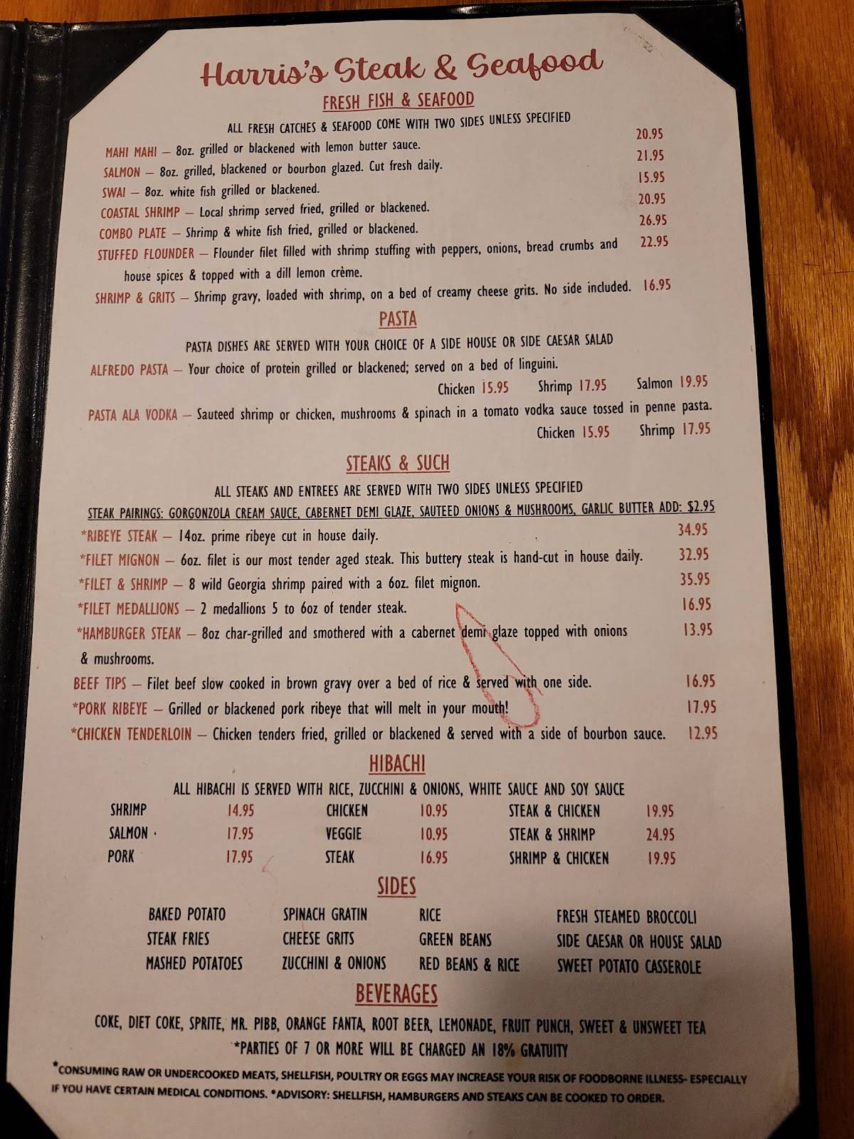 Menu at Harris’s Steak & Seafood steakhouse, Brunswick