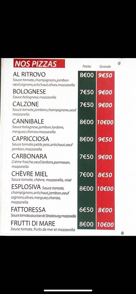 Menu de Al Ritrovo