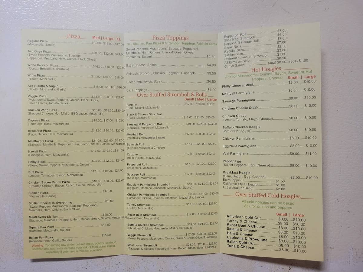 Menu at Two Italian Guys pizzeria, Hazleton, 3 W Diamond Ave
