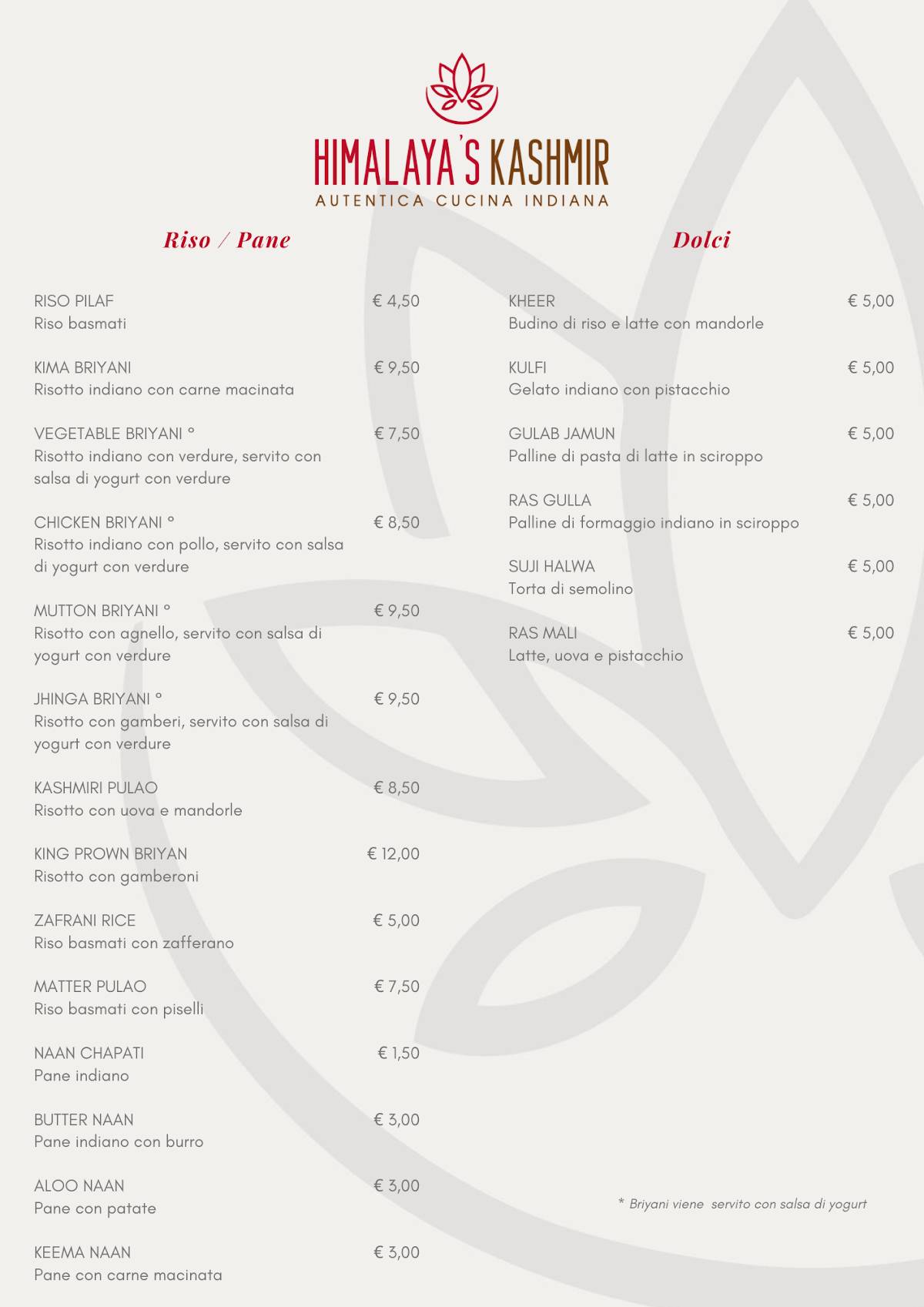 Menu di Himalaya's Kashmir - Ristorante indiano Roma - Autentici sapori d'India 