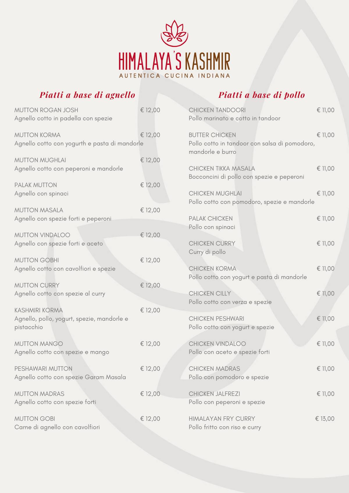 Menu di Himalaya's Kashmir - Ristorante indiano Roma - Autentici sapori d'India 