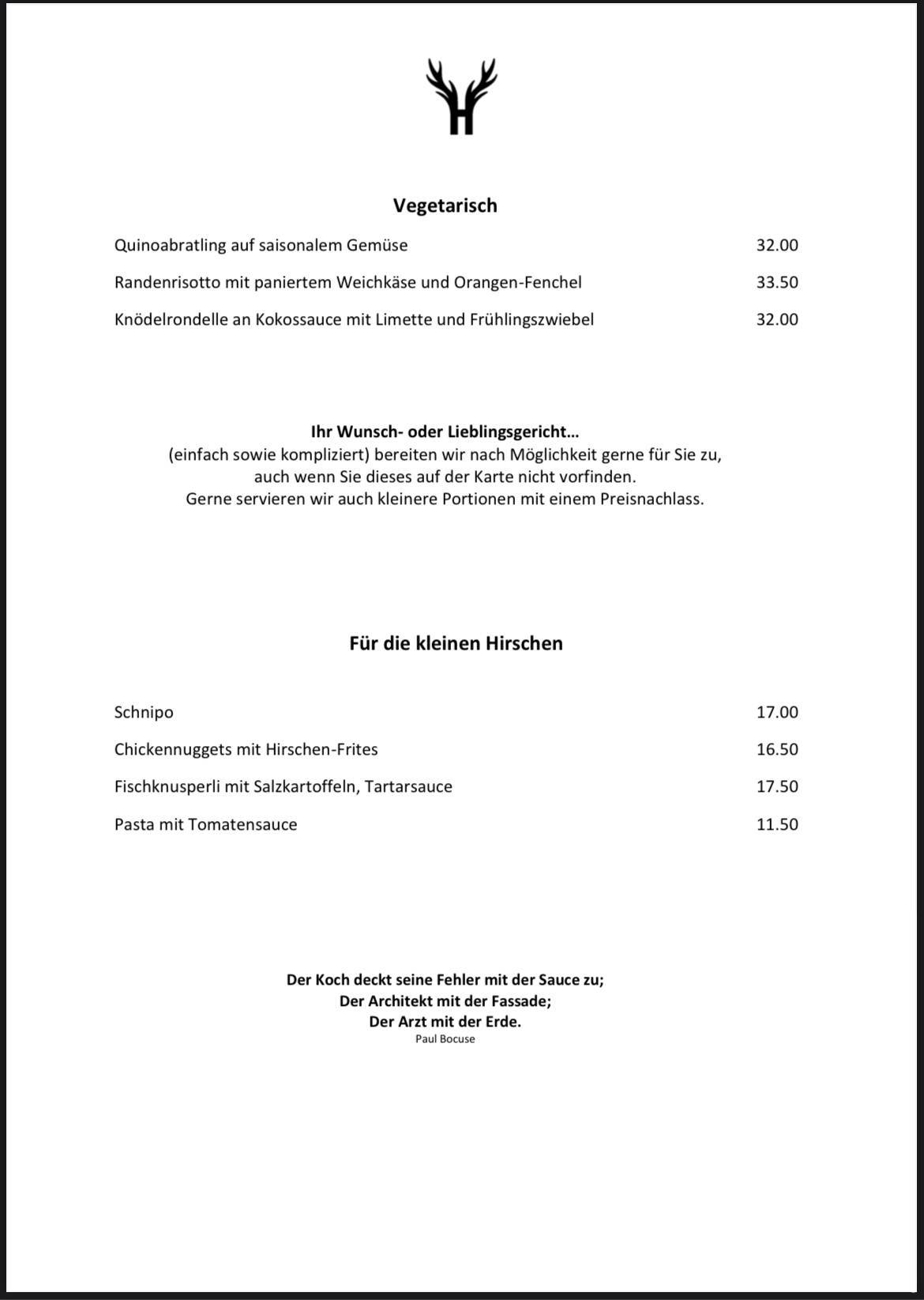 Speisekarte Von Hirschen Oberkirch Oberkirch Bahnstrasse 1