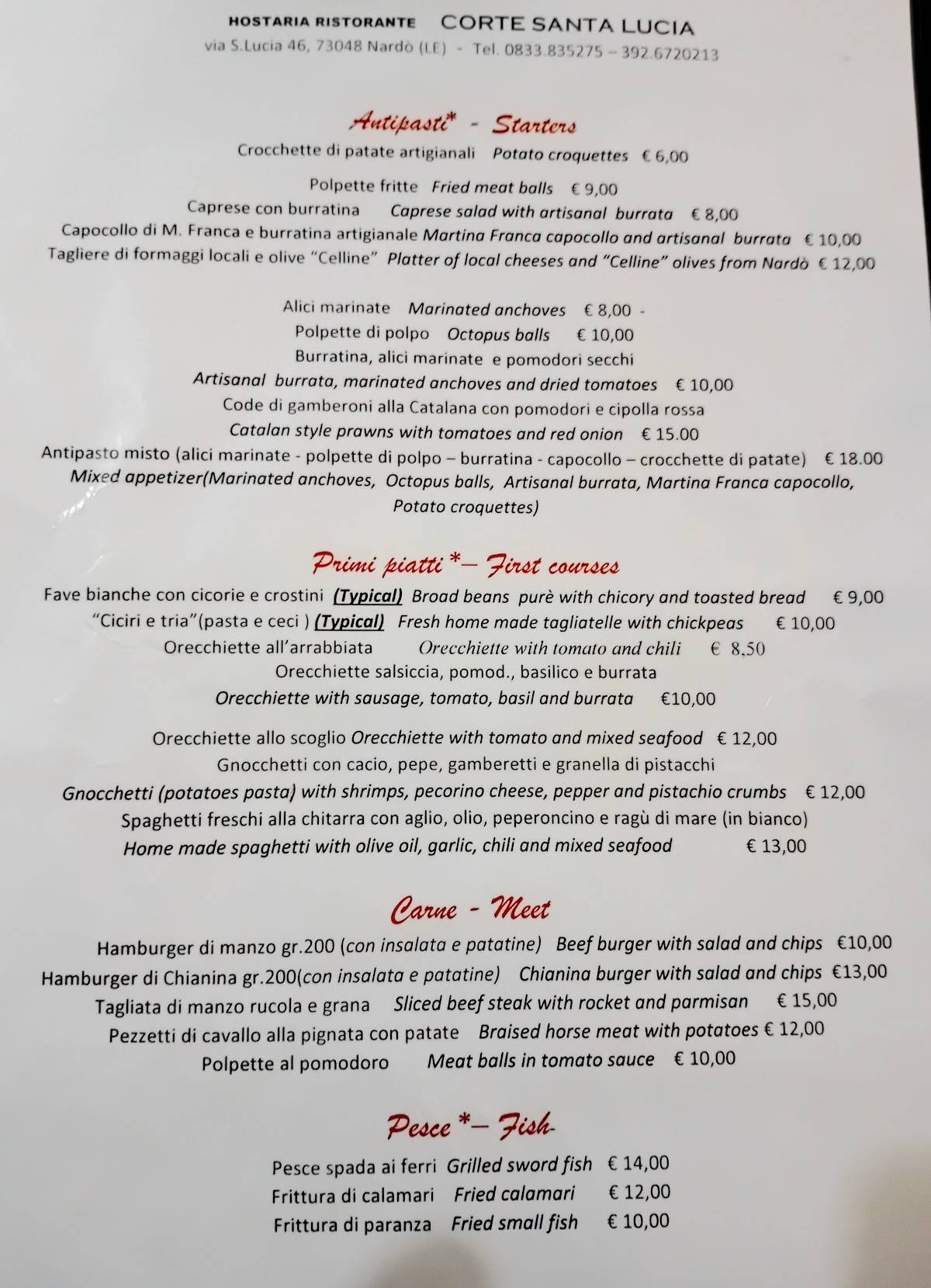 Menu di Hostaria Corte Santa Lucia 