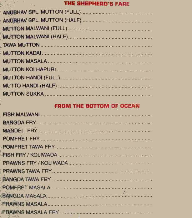 Hotel Anubhav menu