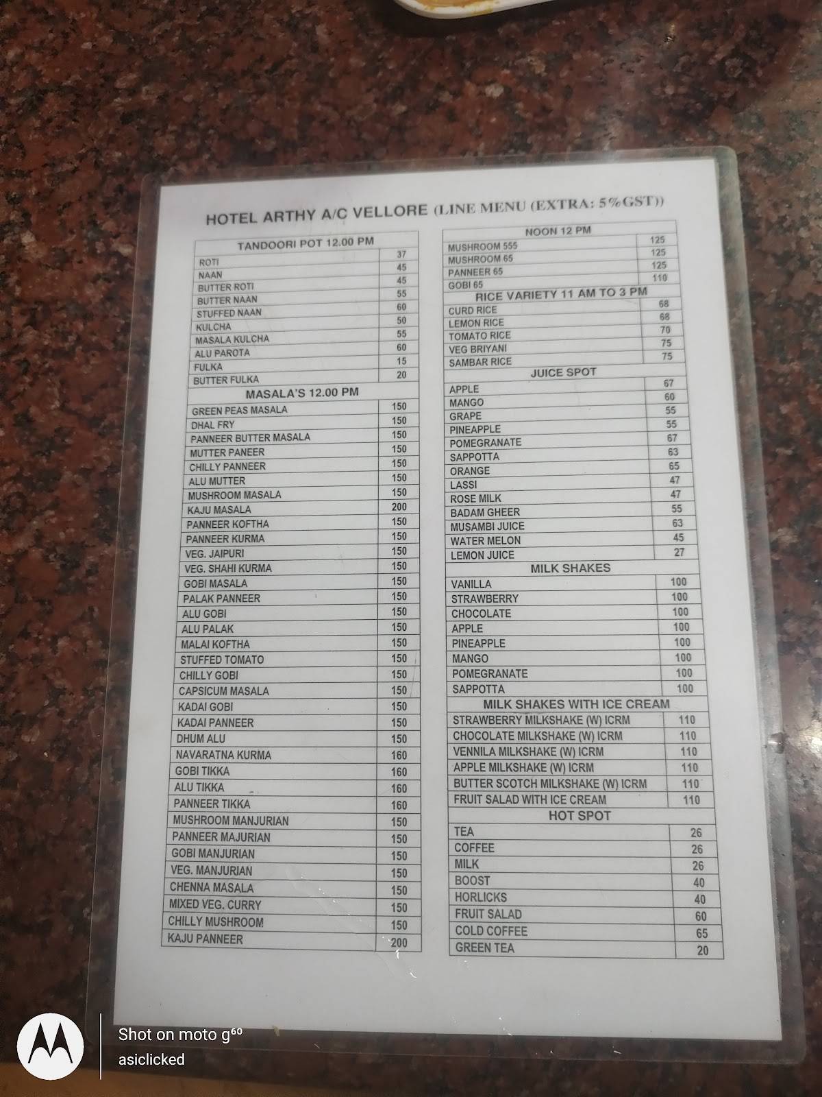 Hotel Arthy menu