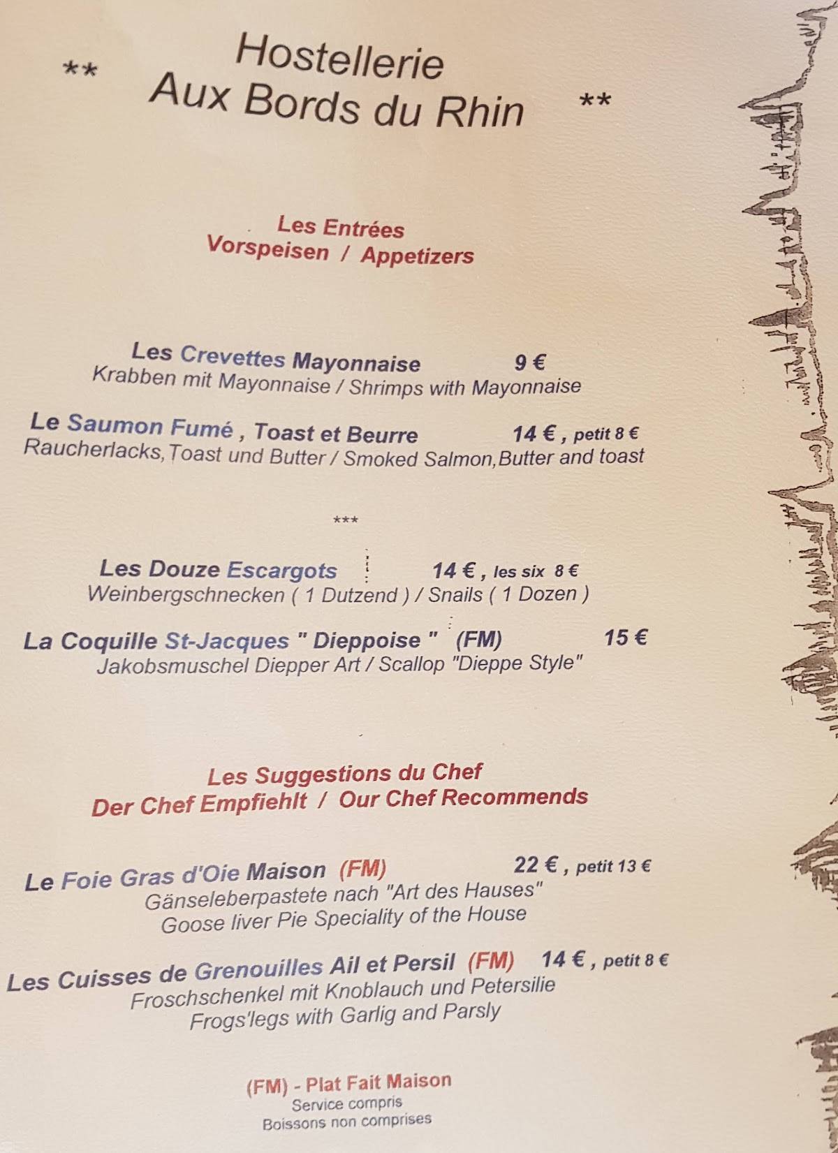 Menu de Hôtel Restaurant Bords du Rhin