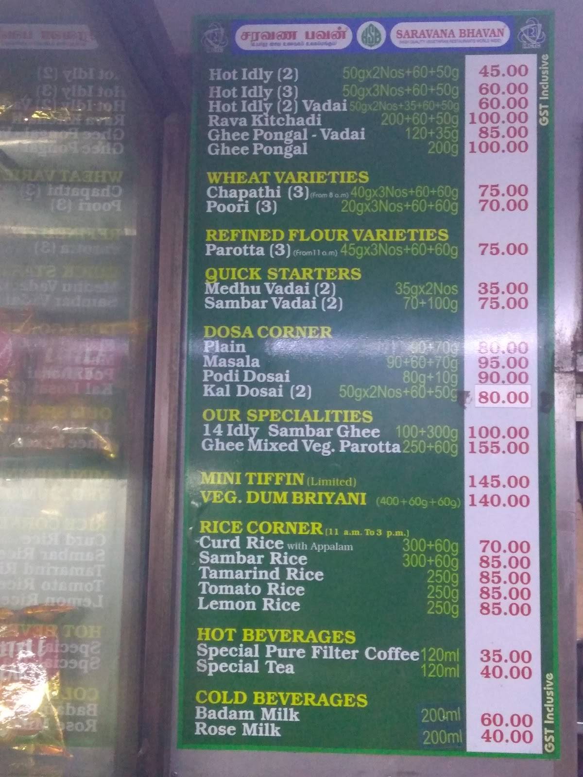 HOTEL SARAVANA BHAVAN menu