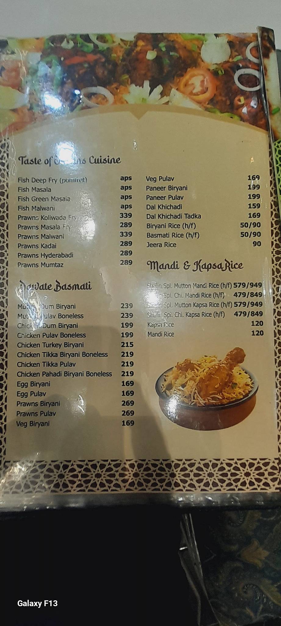 Hotel Shalin menu