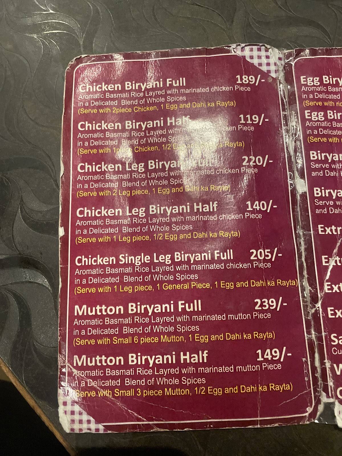 Hunter Biryani menu