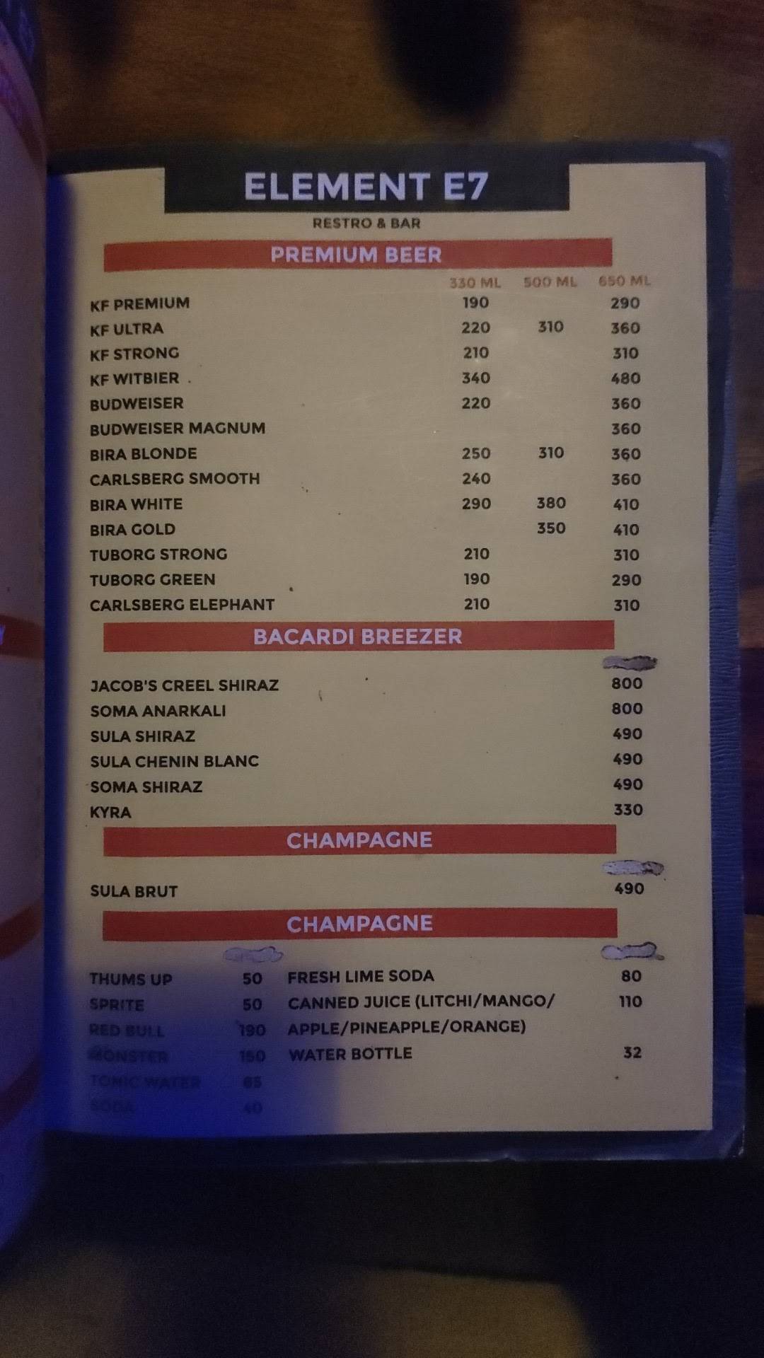 Element E7 Resto Bar menu