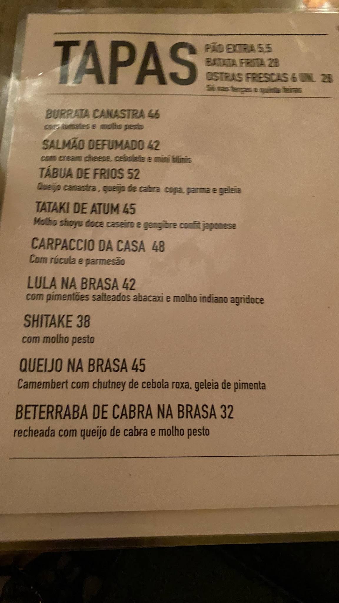 Canastra Leblon cardápio