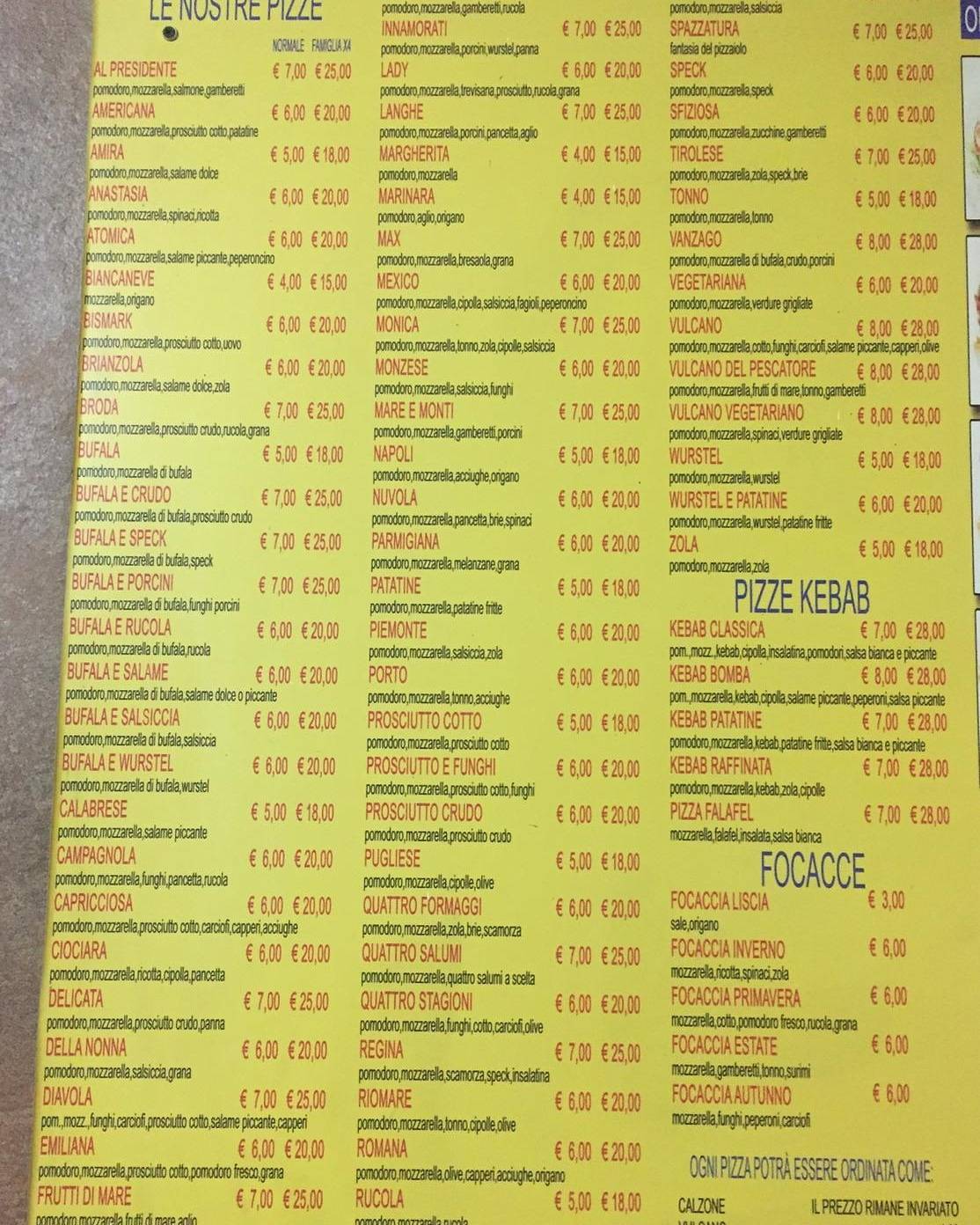 Menu di Pizza e Griglia Il Presidente 