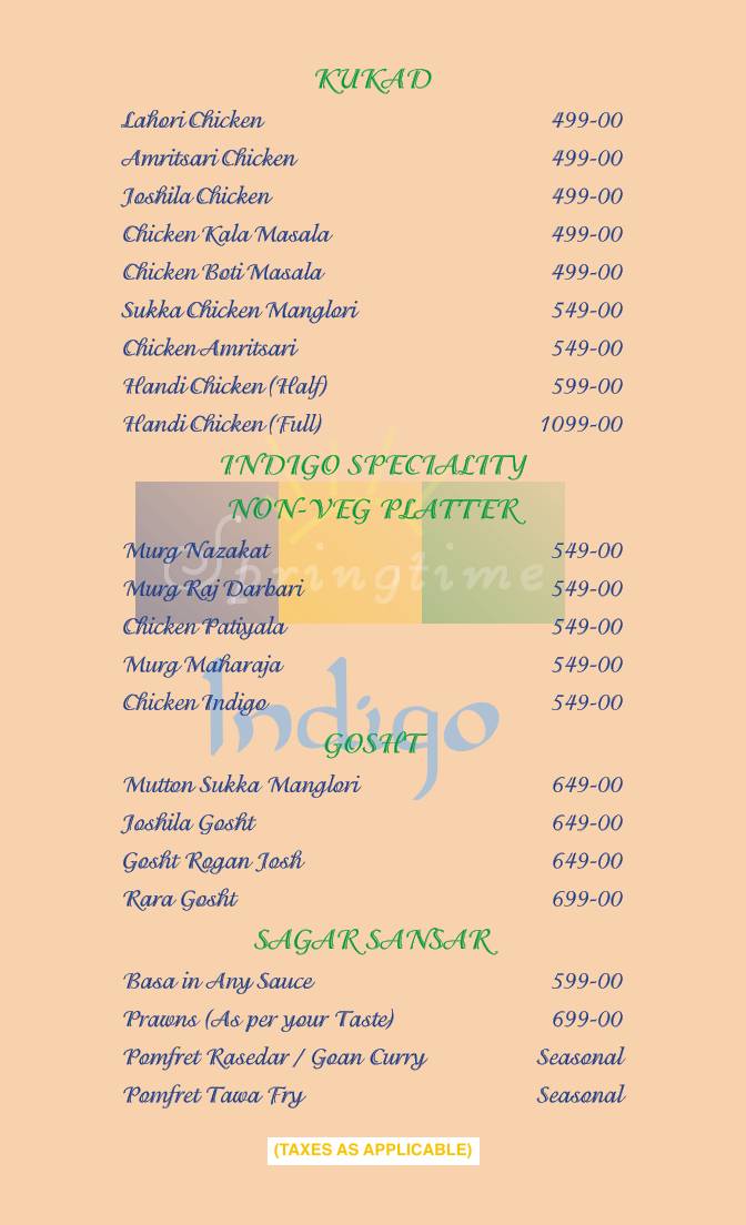Indigo Restaurant Kalyan menu