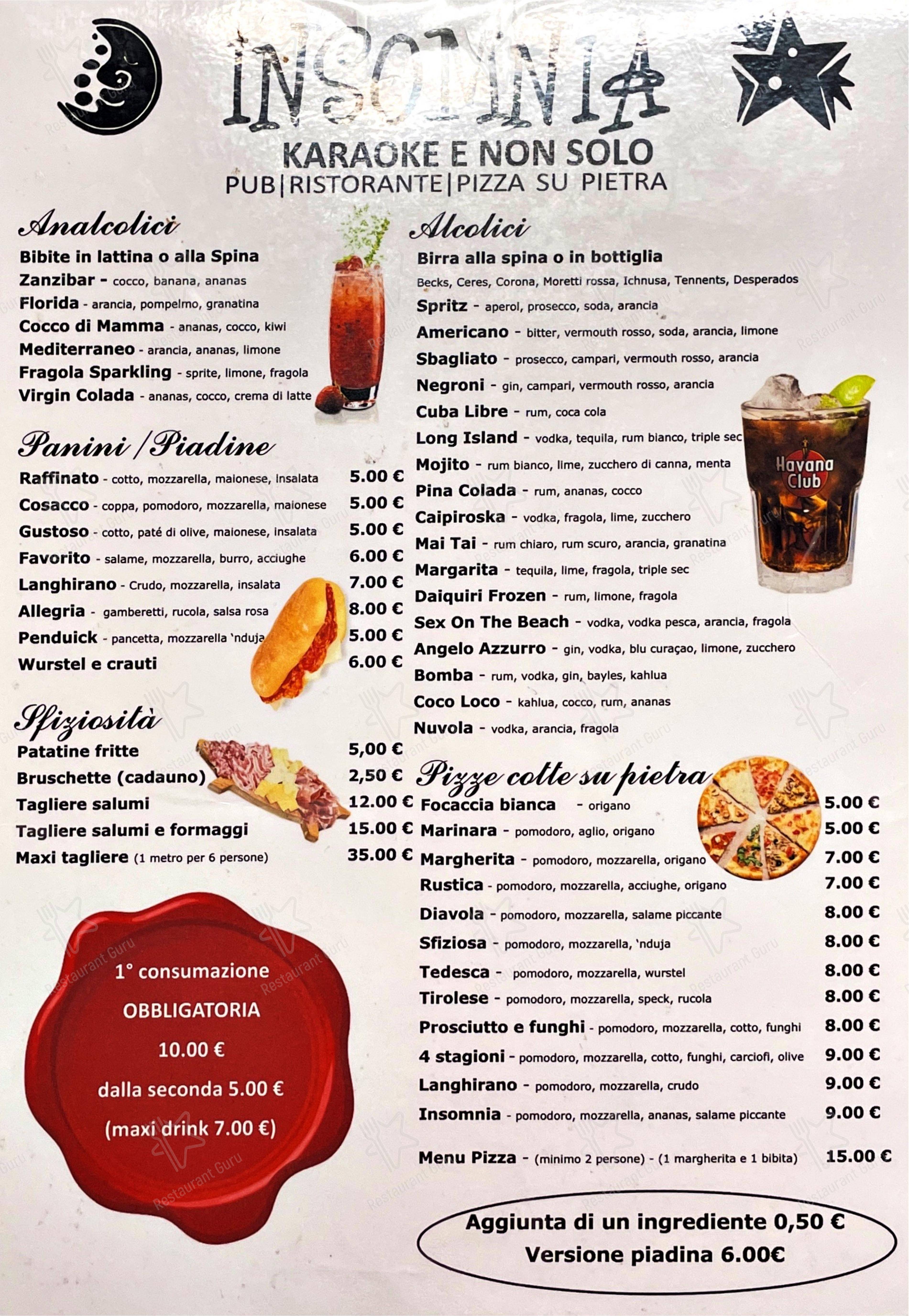 Menu di Insomnia Karaoke Ristorante Milano - Menu