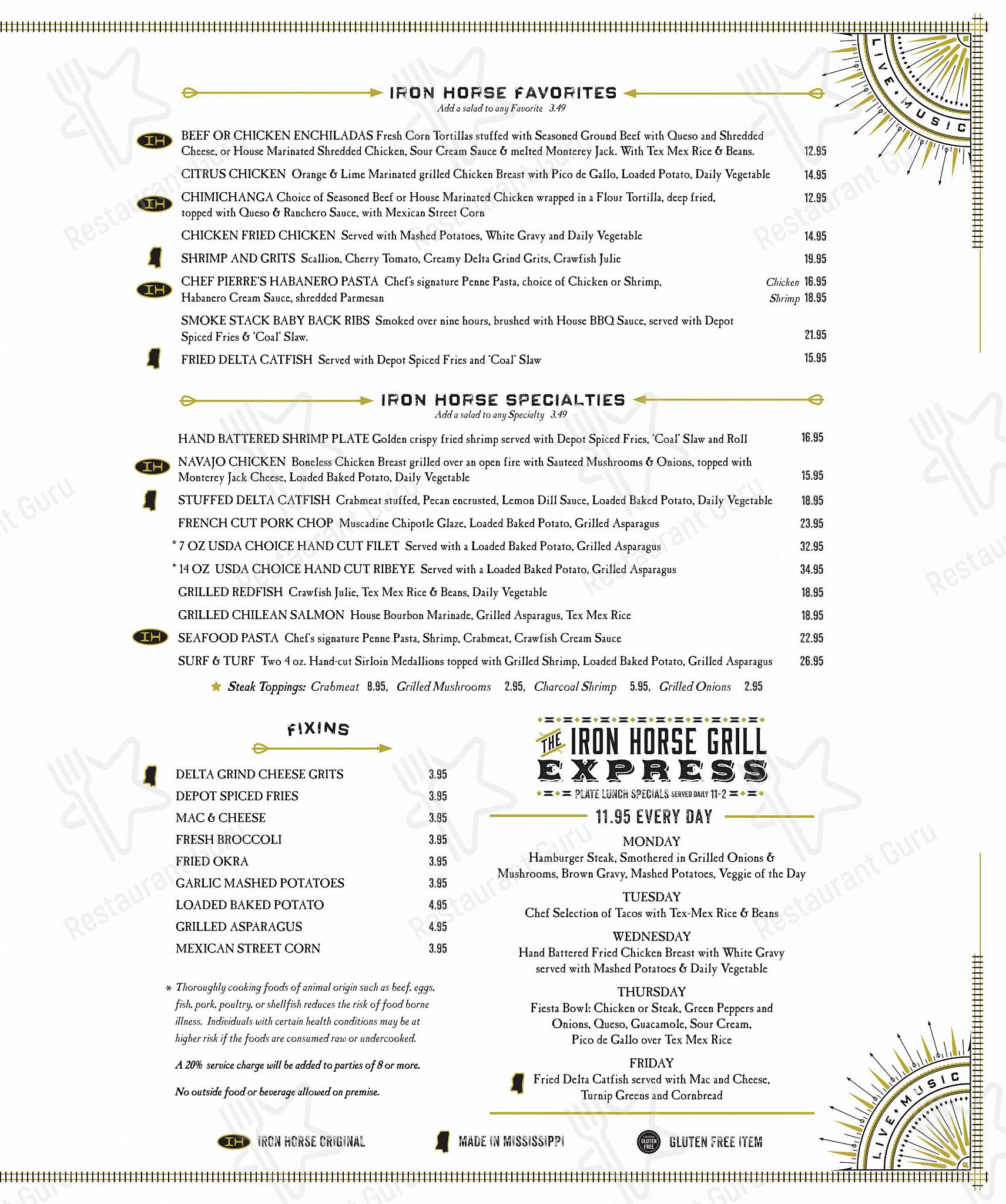 Menu at The Iron Horse Grill restaurant, Jackson