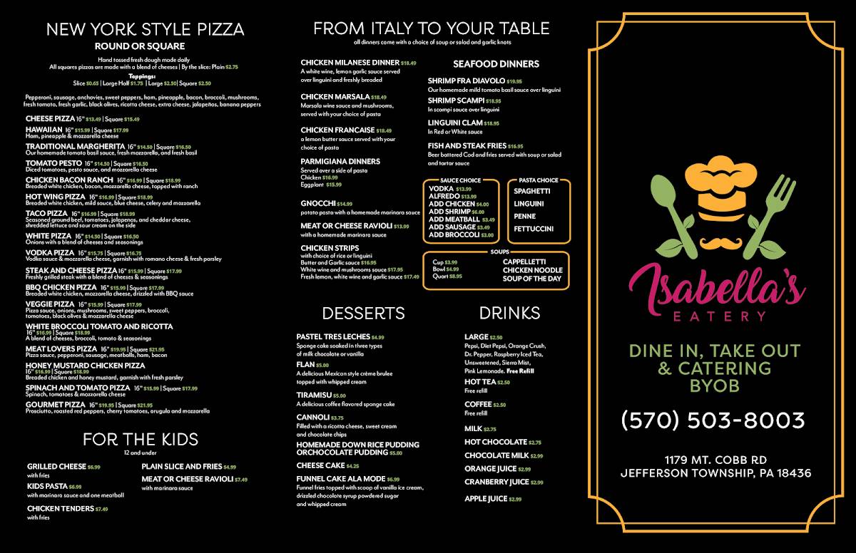 Menu at Isabella's Eatery restaurant, Mount Cobb