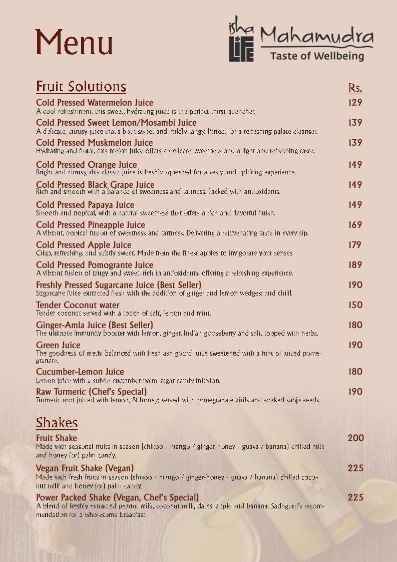 Isha Life Mahamudra Veg Restaurant Yoga menu