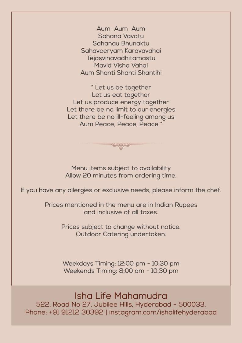 Isha Life Mahamudra Veg Restaurant Yoga menu