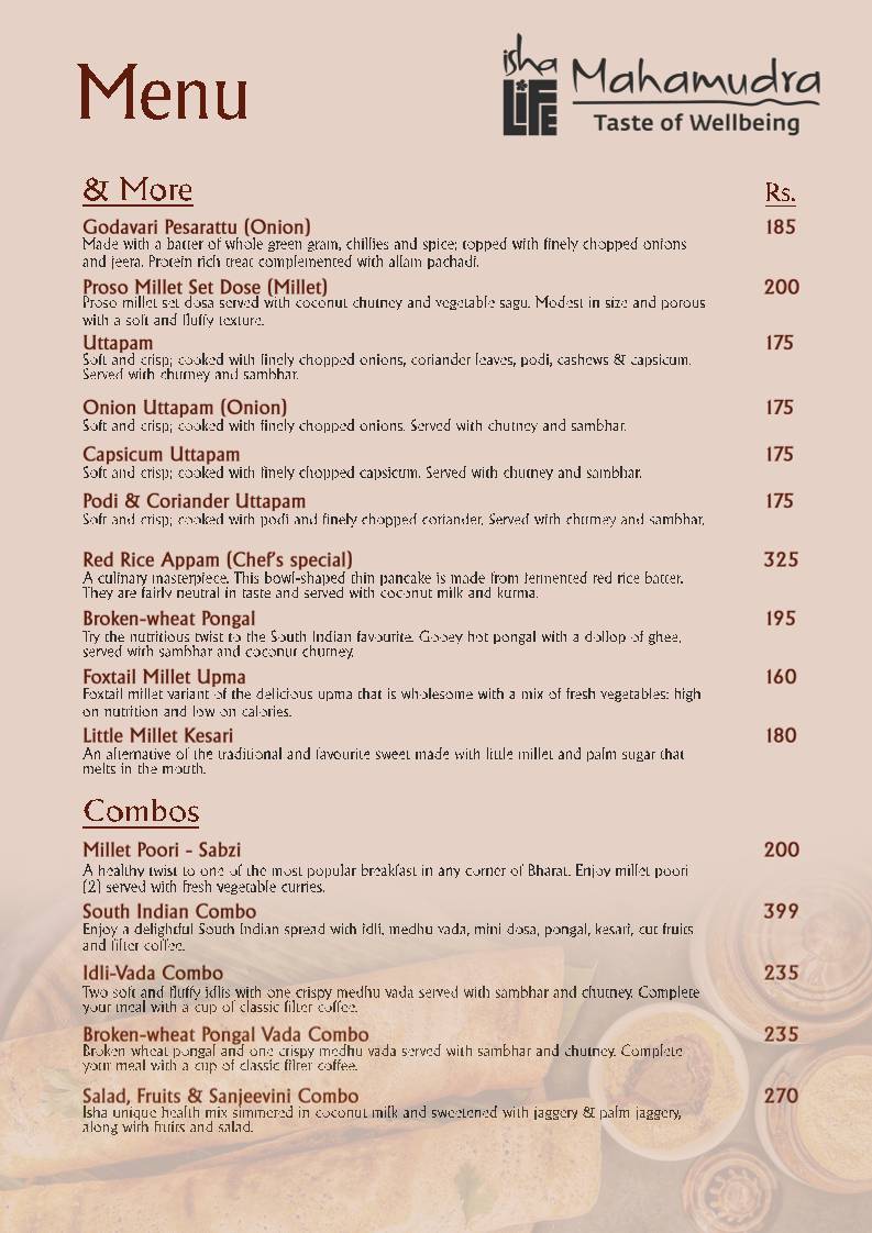 Isha Life Mahamudra Veg Restaurant Yoga menu