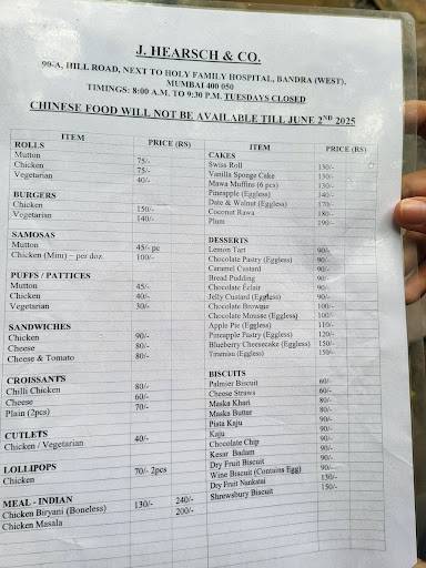 J Hearsch & Co. menu