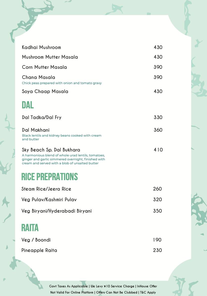 SKYBEACH - ROOFTOP RESTRAUNT LOUNGE & BAR IN JAIPUR menu