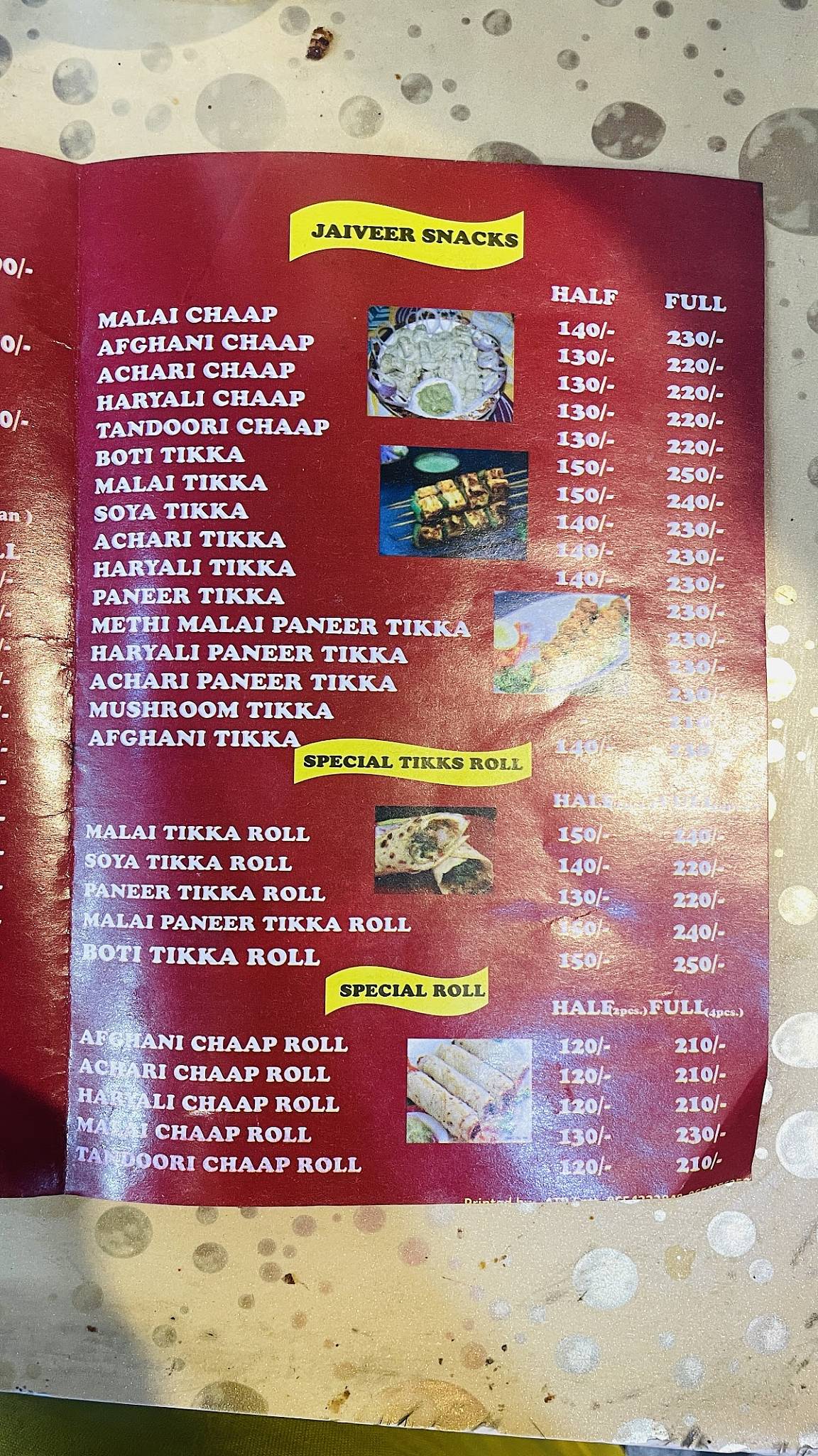 Jaiveer Naan & Chaap menu