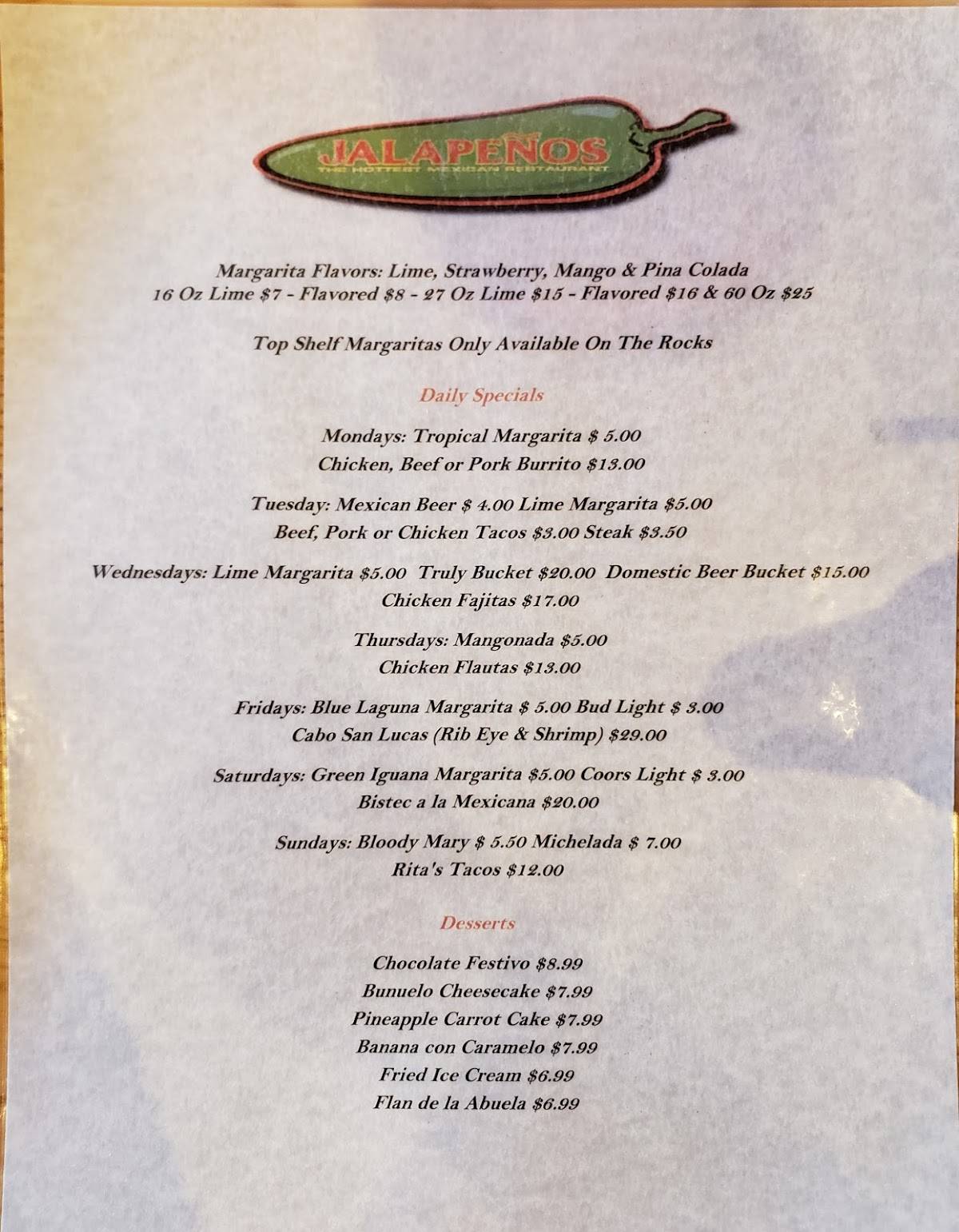 Menu at Jalapeños pub & bar, Schererville